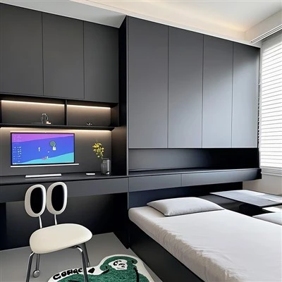 Schwarzes Tatami-Plattformbett mit Kleiderschrank